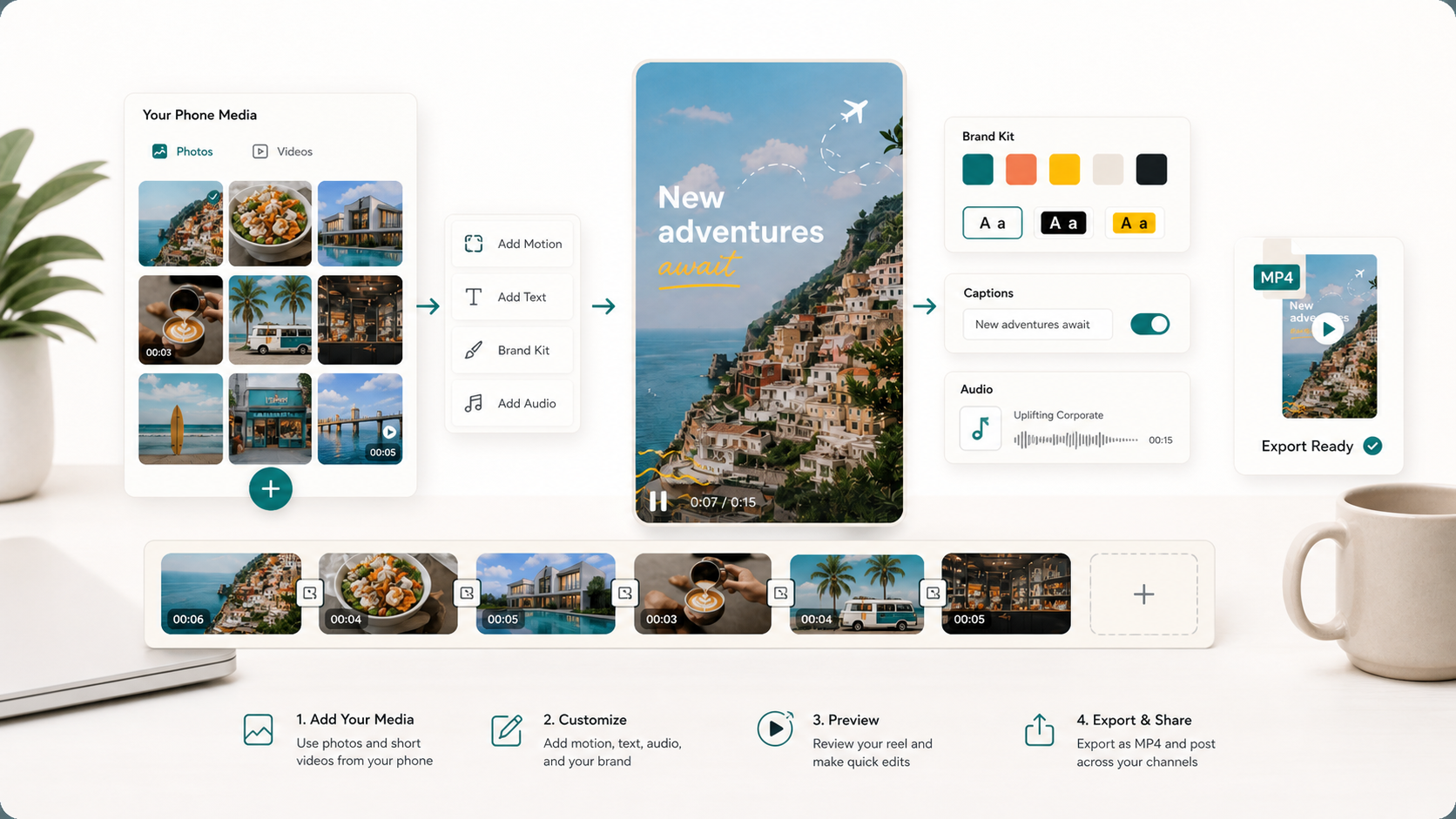 A modern workflow illustration showing existing photos and clips becoming a vertical social reel.