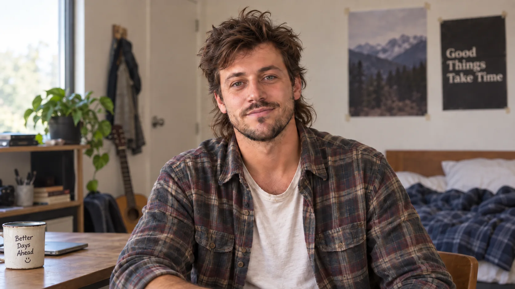 Original portrait: man in a plaid shirt seated in a casual room